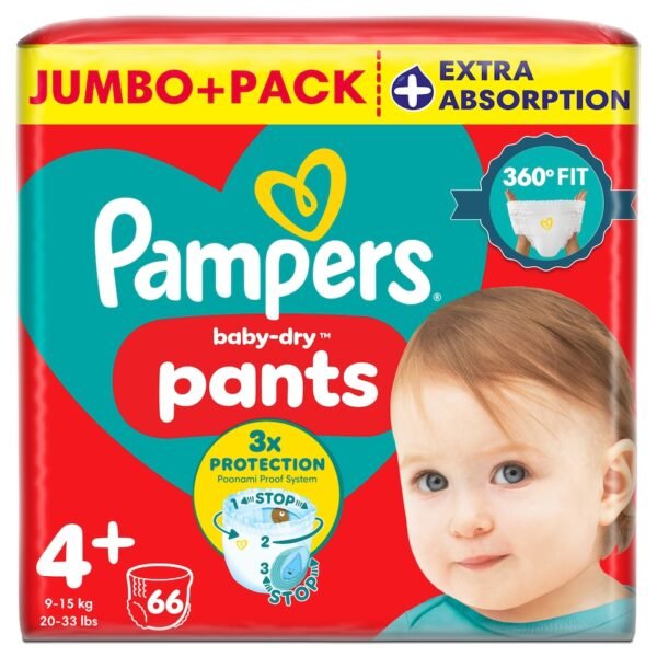 Pampers-baby-dry-nappy-pants-plius-4-66-vnt Pampers Baby Dry Pants Extra Absorption 4+ (9-15 kg) – 66 vnt